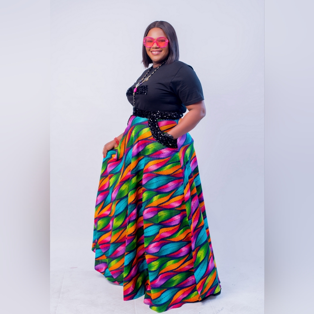 Empress Set|Black Sequin Tee + African Print Maxi Skirt|Multiple Pattern &Sizes - Picture 9 of 11